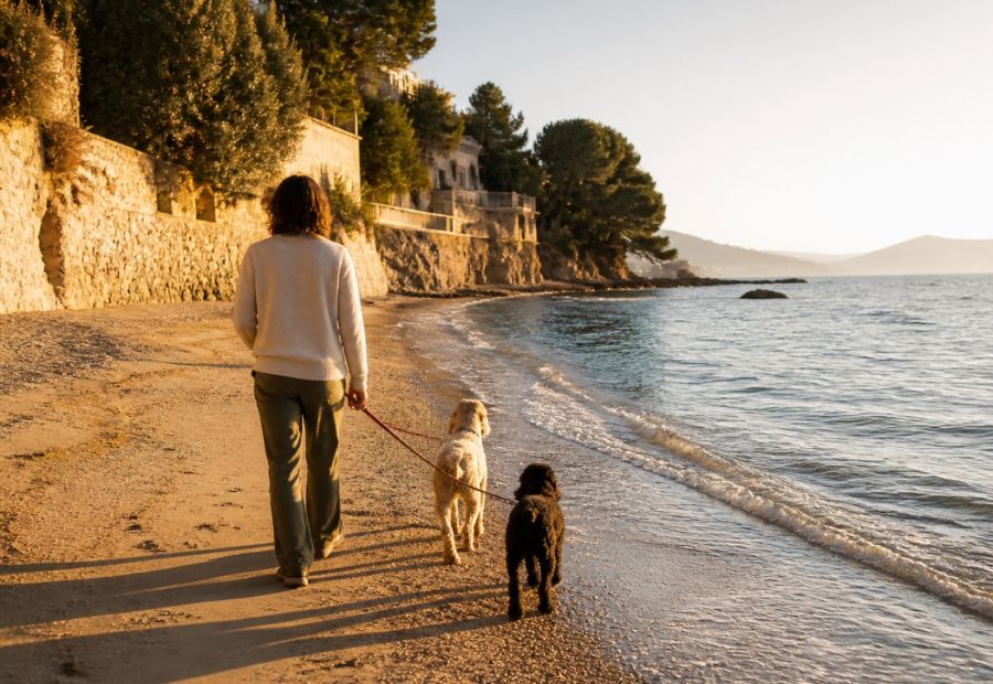 Spaziergang mit Hunden am Strand bei Roses
